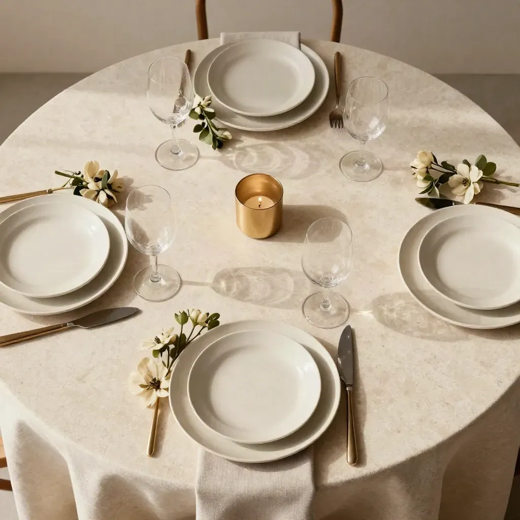 Mesa redonda cenital con mantel claro, copas, flores bajas y platos listos para un evento íntimo.