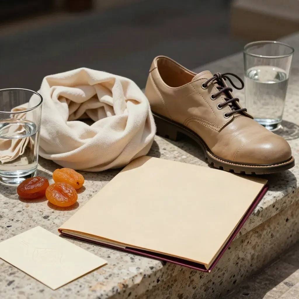 Zapato, pañuelo, fruta seca y carpeta cerrada sobre piedra, con luz cálida lateral.
