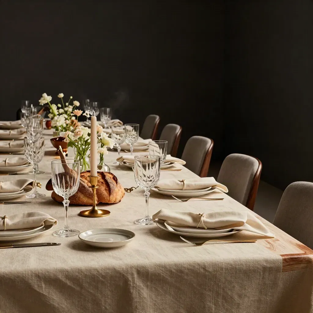 Mesa privada elegante para doce personas con copas, pan, flores bajas y luz cálida.