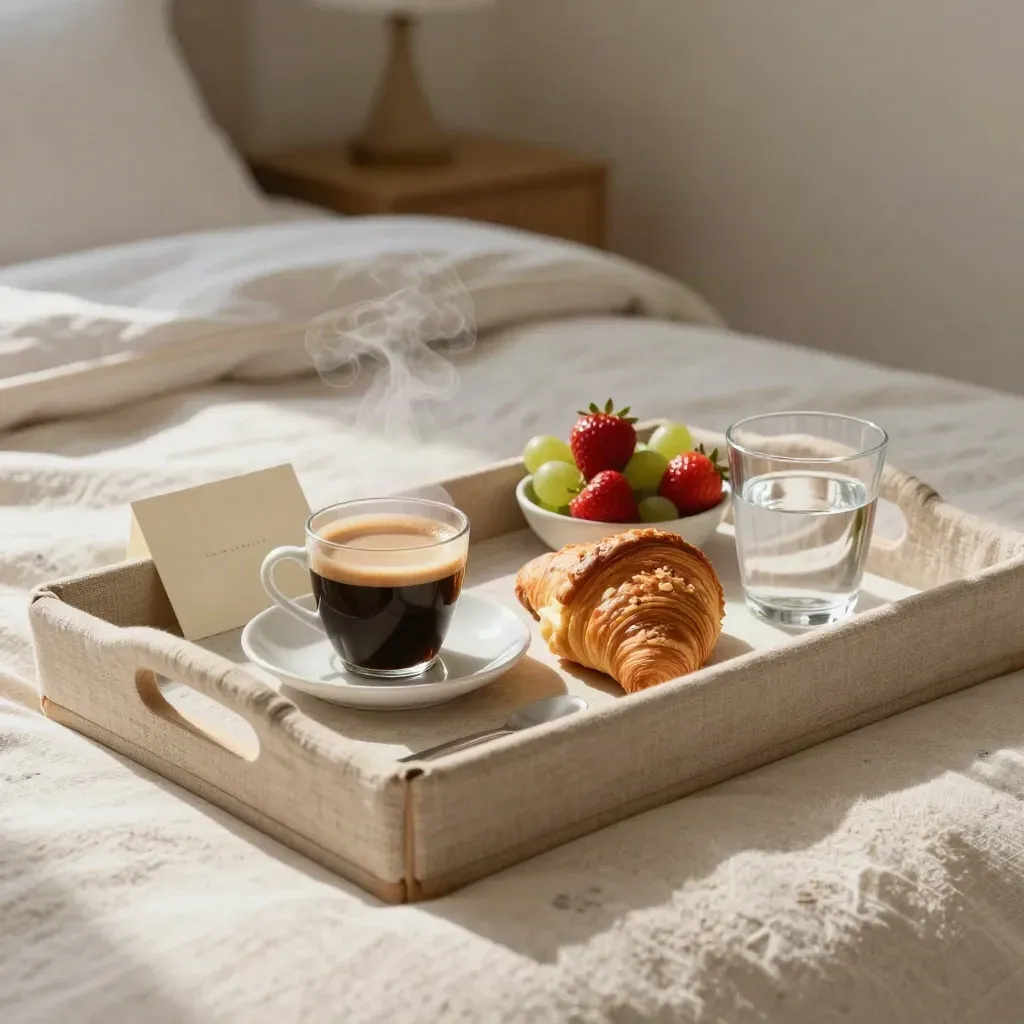 Desayuno en la cama sobre bandeja de lino con café, croissant, fruta y agua, en sábanas crema.