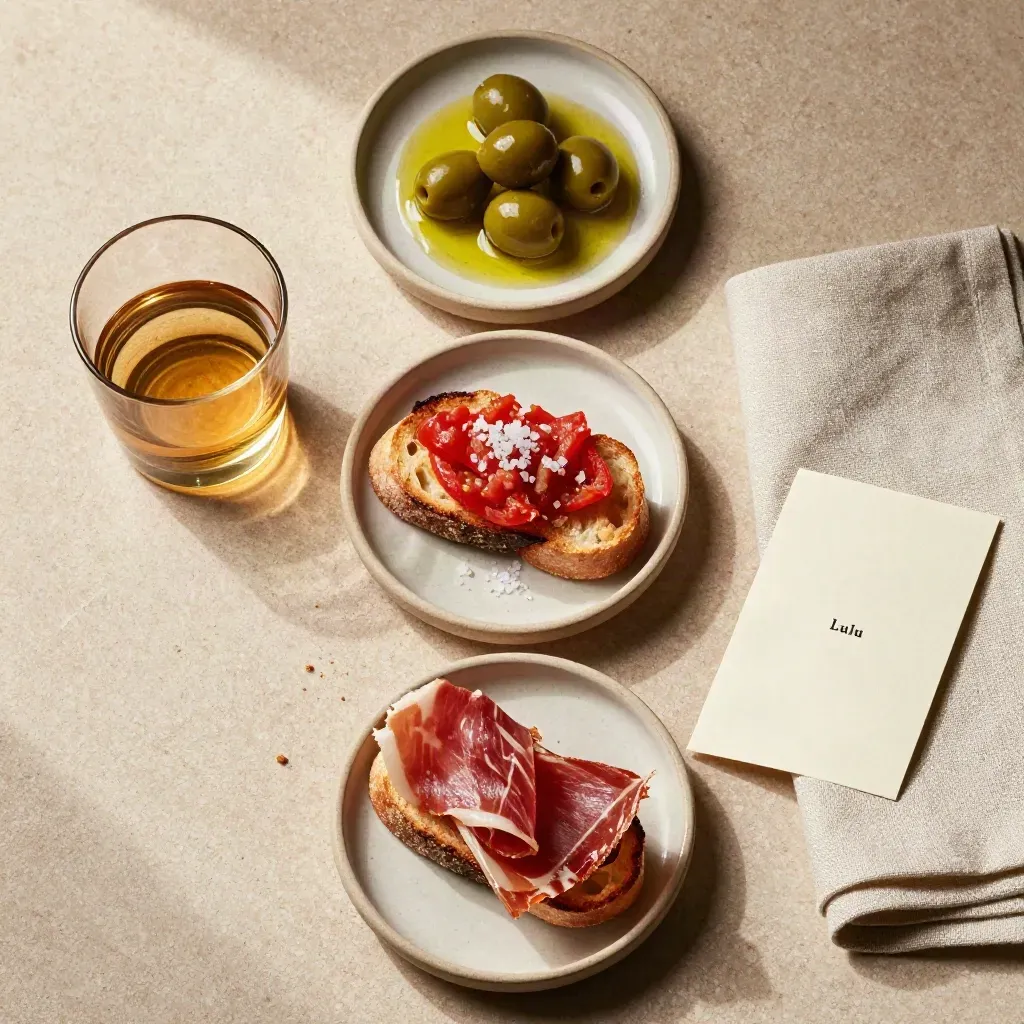 Flatlay cenital de tres tapas con aceitunas, pan tostado, copa baja y servilleta sobre piedra.