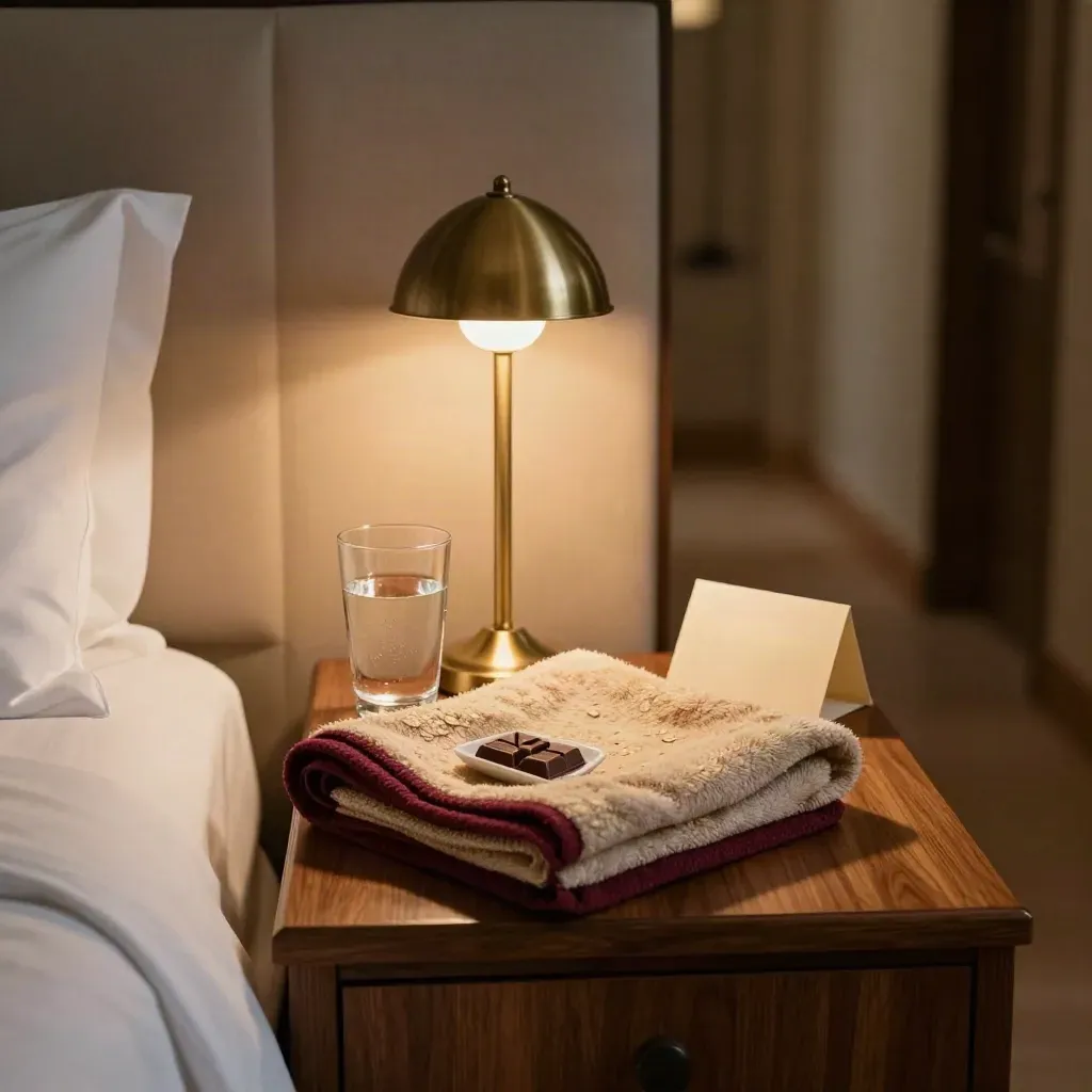 Servicio de tarde en mesita con lámpara cálida, chocolate, manta y agua en hotel boutique.