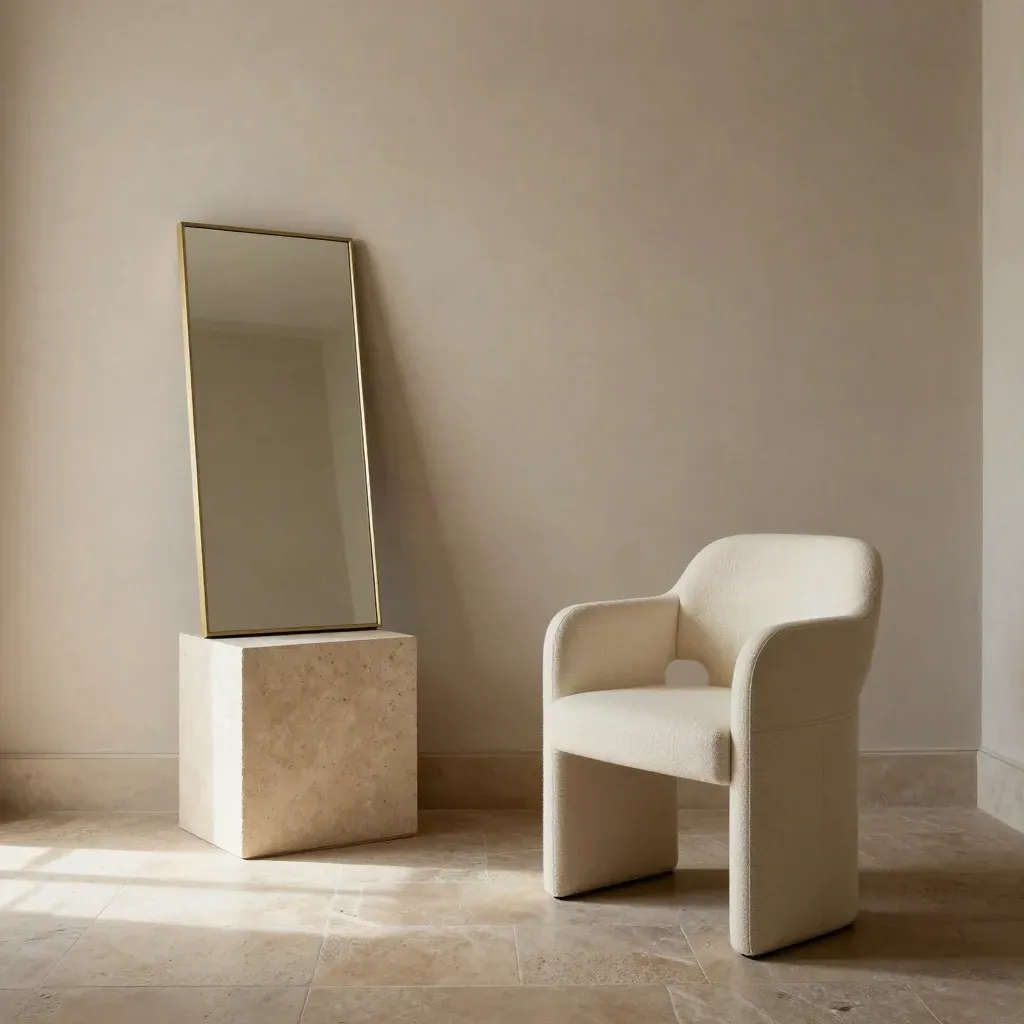 Sala para Fotos vacía con pared lisa, pedestal, espejo y silla tapizada en luz lateral.