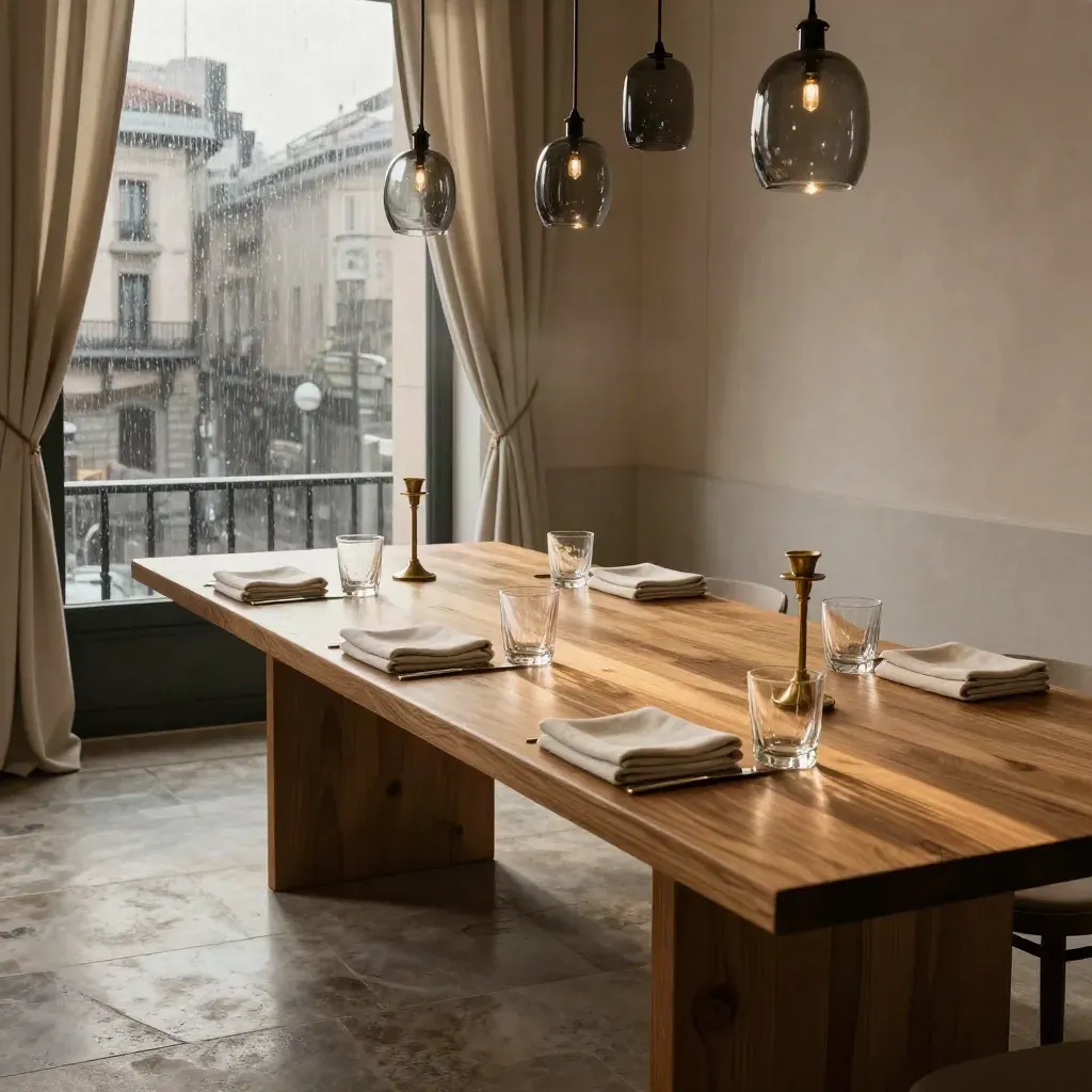 Salón para eventos privados con mesa de madera, cortinas pesadas y lluvia fina tras el cristal.